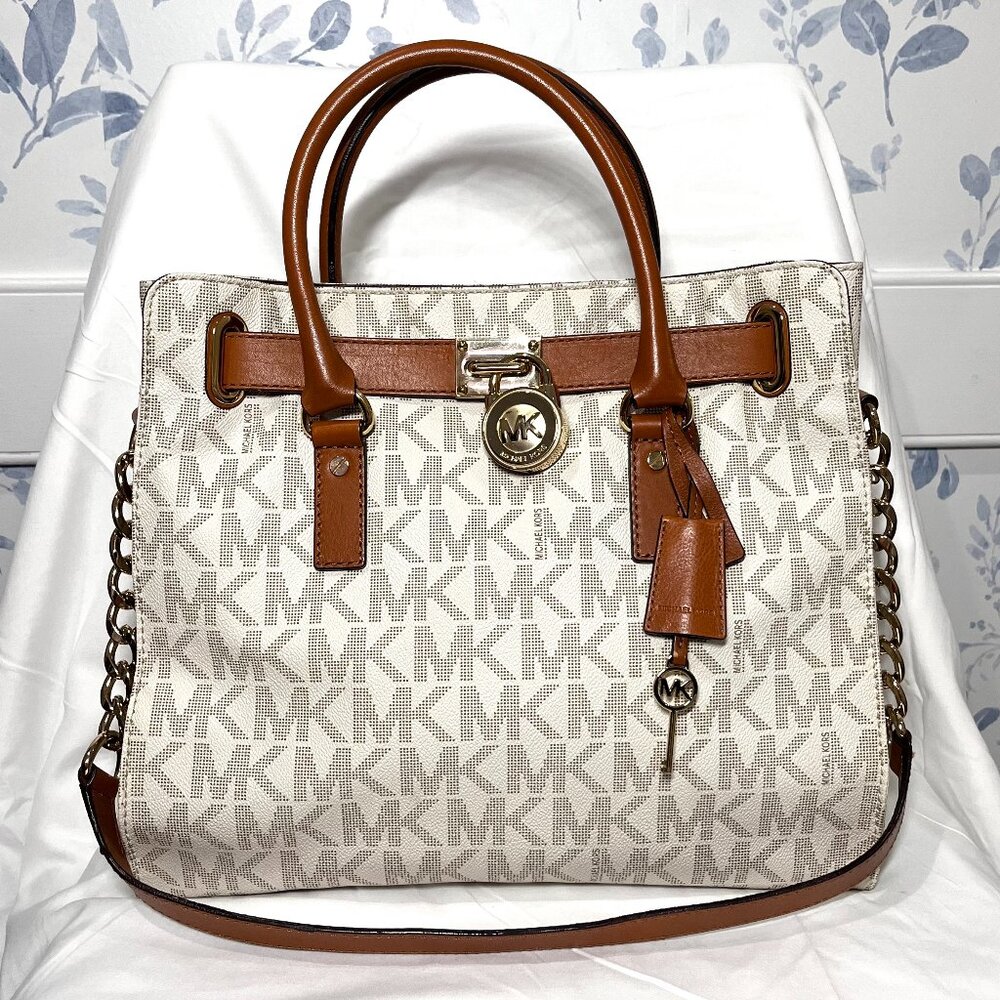 MICHAEL KORS Hamilton Large Saffiano Leather Logo Satchel - White Coated Canvas